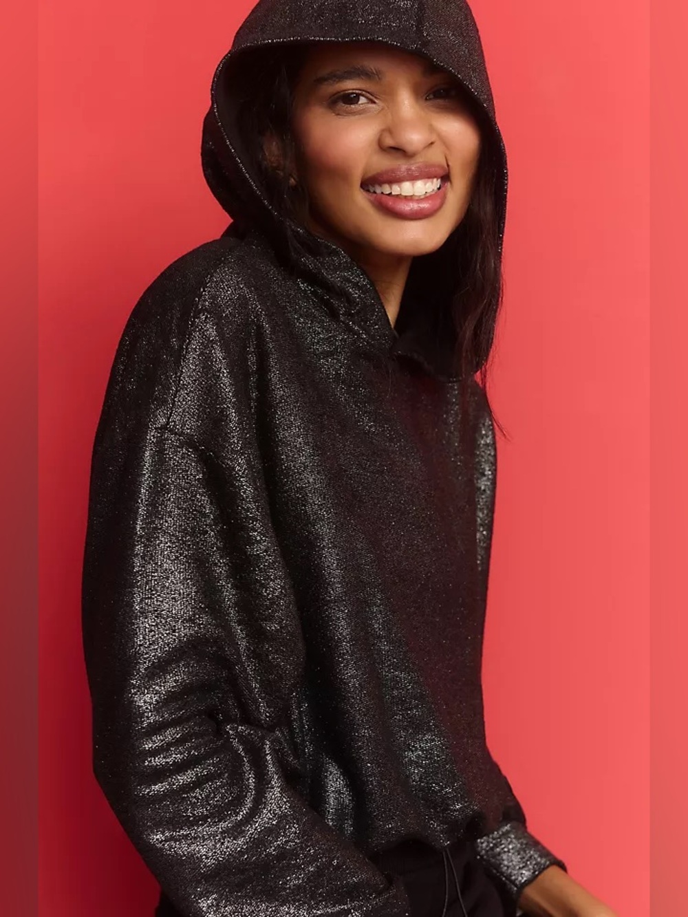 Pilcro for Anthropologie Black Foil Cropped Hoodie in size small.